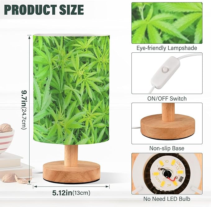 Table Lamp Marijuana Plant Green Cannabis Hemp Leaf Nightstand Lamp with Wood Base Fabric Lamp Shade Bedside Desk Lamp for Living Room Bedroom Kids Room Office
