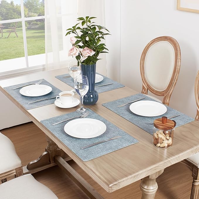 Softalker Faux Leather Placemats Set of 4-Vinyl Heat Resistant Place Mats, 100% Waterproof Oilproof Wipe Clean Table Mats for Indoor & Outdoor Use, 17’’×12’’, Sky Blue