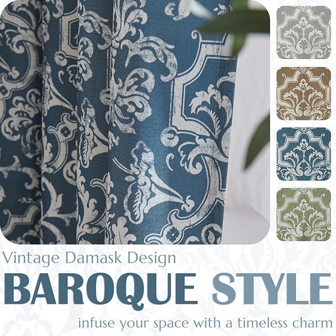 jinchan Blackout Curtains for Bedroom Blue Damask Patterned Curtains 84 Inch Length for Living Room Linen Vintage Drapes Medallion Window Treatments Grommet Top 2 Panels Set