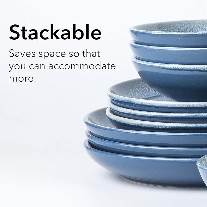 FAIT Round Stoneware 16pc Double Bowl Dinnerware Set for 4, Dinner Plates, Side Plates, Cereal Bowls, Pasta Bowls - Reactive Glaze Blue (449322)