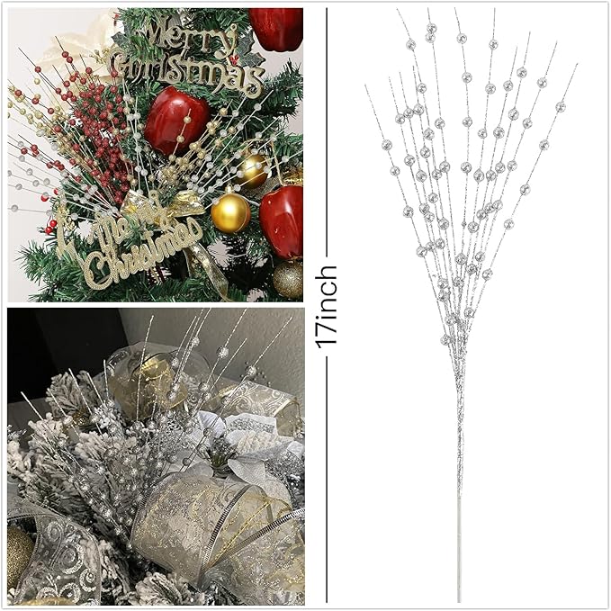 Artificial Berries Stems Ornaments 17 Inch, Sparkling Christmas Tree Picks, Glittery Berry Stems Fake Plant Picks and Branches for Xmas Wreath Ornaments Holiday Home DIY Decor - Silver 10 Pack