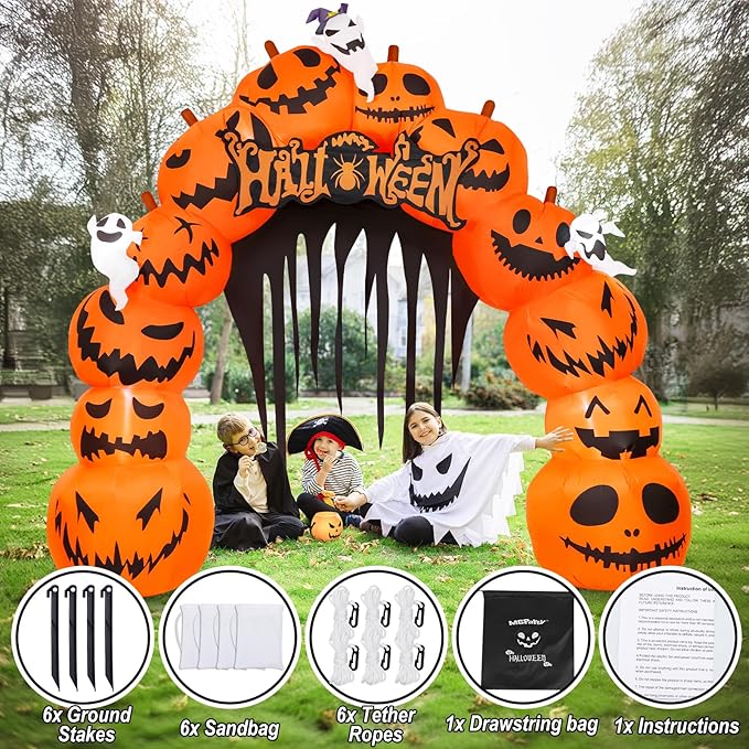 MGparty 10FT Halloween Inflatables Pumpkin Archway with LED Built-in Halloween Yard Decoration Blow Up Inflatable for Outdoor Indoor Garden Lawn (10Ft Pumpkin Archway)