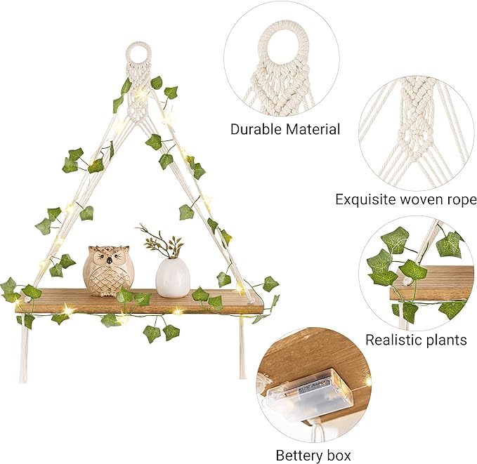 Mkono Artificial Ivy Macrame Hanging Shelves with Lights Set of 2 Boho Wall Decor Display Plants Photos Wood Floating Storage Shelf for Bedroom Bathroom Living Room Nursery Dorm Kitchen, White