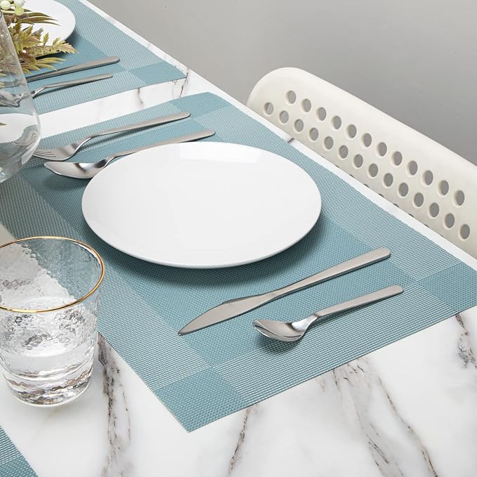 Winknowl Placemats for Dining Table Set of 8 Waterproof, Woven Place Mats for Kitchen Table Vinyl Heat Insulation Stain Resistant Placemats (Sky Blue)