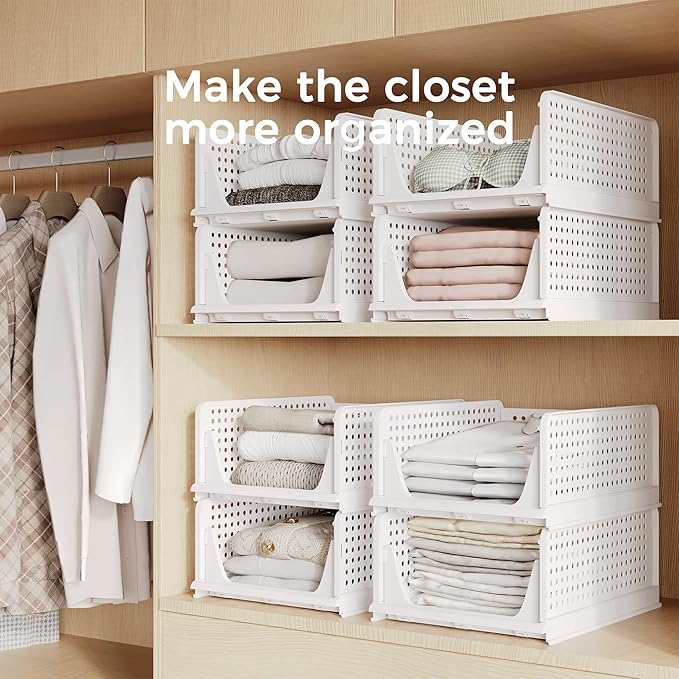 Pinkpum Stackable Plastic Storage Basket, Foldable Closet Organizers and Storage Bins 4 Pack Drawer Shelf Storage Container for Wardrobe Kitchen Bathroom Office Dorm Off White