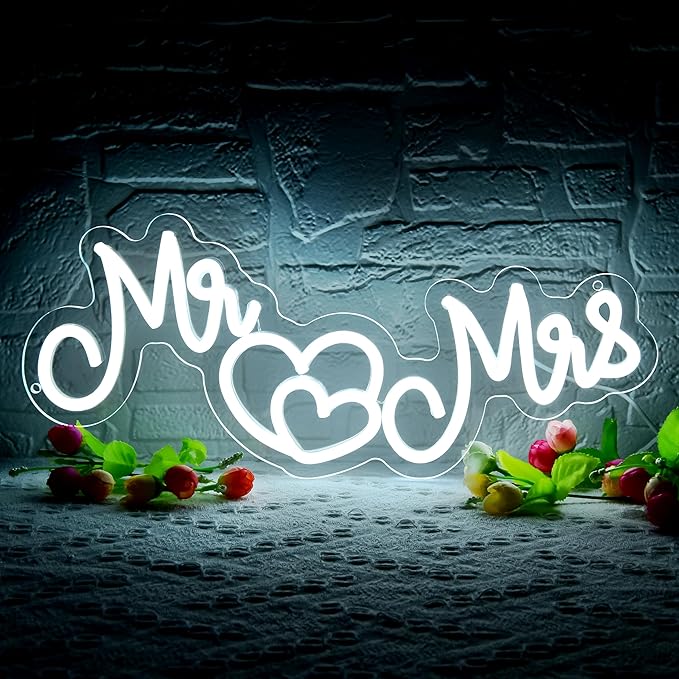 Mr and Mrs Neon Sign for Wall Decor,Neon Wedding Signs for Reception,Mr and Mrs Sign for Wedding Decorations,Wedding neon sign for Engagement Party,Anniversary,Valentine's Day,15.7 * 8.7 inch(D251)
