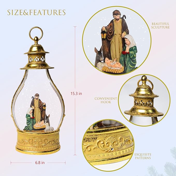 Christmas Snow Globes, 15.3" Nativity Glitter Water Lantern with Song, 6H Timer Battery & USB Powered Music Box for Christmas Decorations Indoor