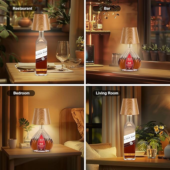 Wireless Bottle Lamp,2025 New 3 Color Rechargeable Wine Bottle Lights for Bars Restaurants (Original Wood Color)
