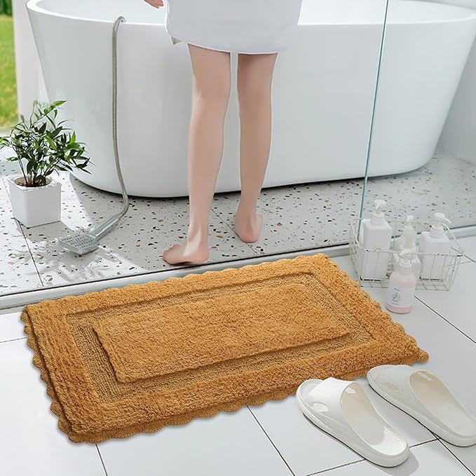 Cotton Crochet Bathmat with Antiskid 21x34 Mustard, 100% Pure Cotton, Super Soft White, Plush & Absorbent, Hand Tufted Heavy Weight Construction, Full Reversible Step Out Rugs