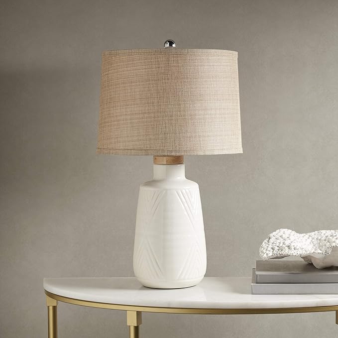 Hampton Hill Tate Ivory White Unique Modern Table Lamp, Contemporary Round Ceramic Wood Desk Light, 15" Dia x 24.5" H, Ivory