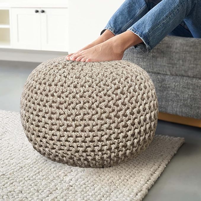 Chardin home- Crochet Beige-Ivory Pouf - Cozy & Bohemian, Recycled Cotton, Hand Crafted Casual Seating/Ottoman for Home, Office, Bedroom, 18"x18"x14".