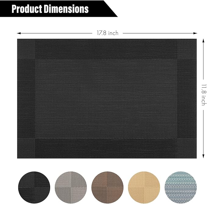 Winknowl Placemats, Set of 8 Heat Resistant Stain Resistant Woven Vinyl Insulation Place mats, Durable Washable Elegant Table Mats for Dining (Black)