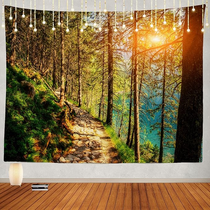 BaoNews Sunset Trees Mountains Tapestry, Calm Water Lake in Forests Large Wall Hanging Tablecloths Mural Home Decoration Psychedelic Tapestry Bedroom Living Room Dorm 39.4 x 59.1 inches(Lake)