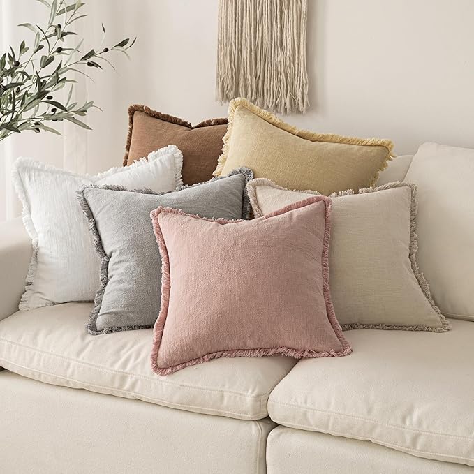 MIULEE Decorative Throw Pillow Covers Neutral Linen Fringe Throw Pillows Euro Shams Set of 2 White Boho Farmhouse Cushion Covers for Couch Sofa Bed Living Room Spring Home Decor 22x22 Inch