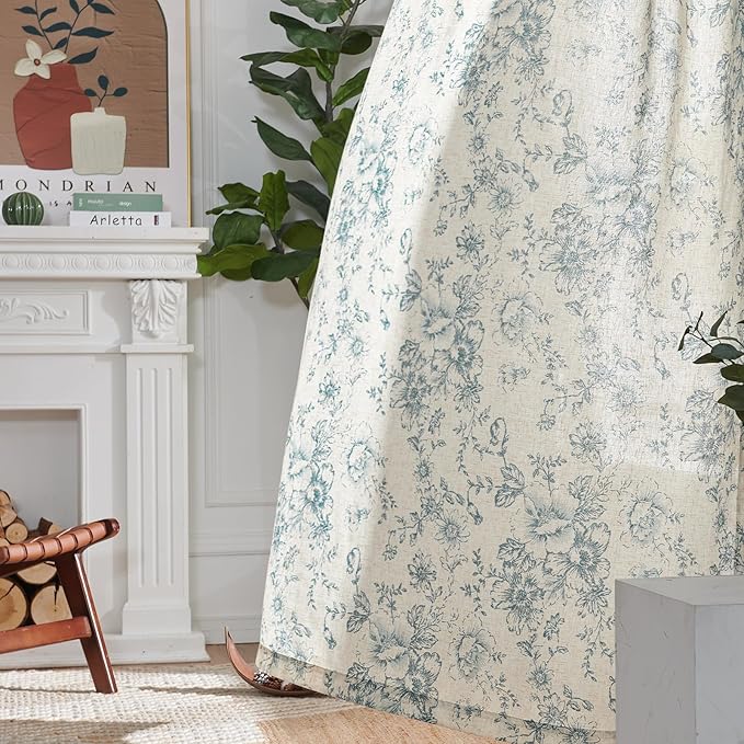 jinchan Linen Floral Curtains Extra Wide for Patio Sliding Glass Door Room Divider Curtain for Living Room 96 Inch Length Farmhouse Peony Blue Printed Curtain Set 1 Panel