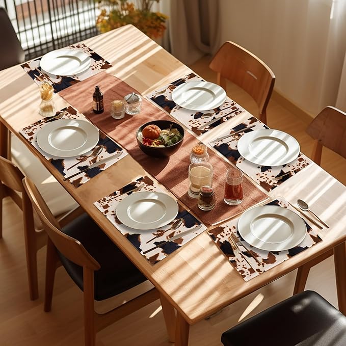 Cow Print Placemats Set of 6,Washable Heat Resistant 12×18 Inch Linen Table Mats Farmhouse Place Mats for Party Outdoor Dining Décor
