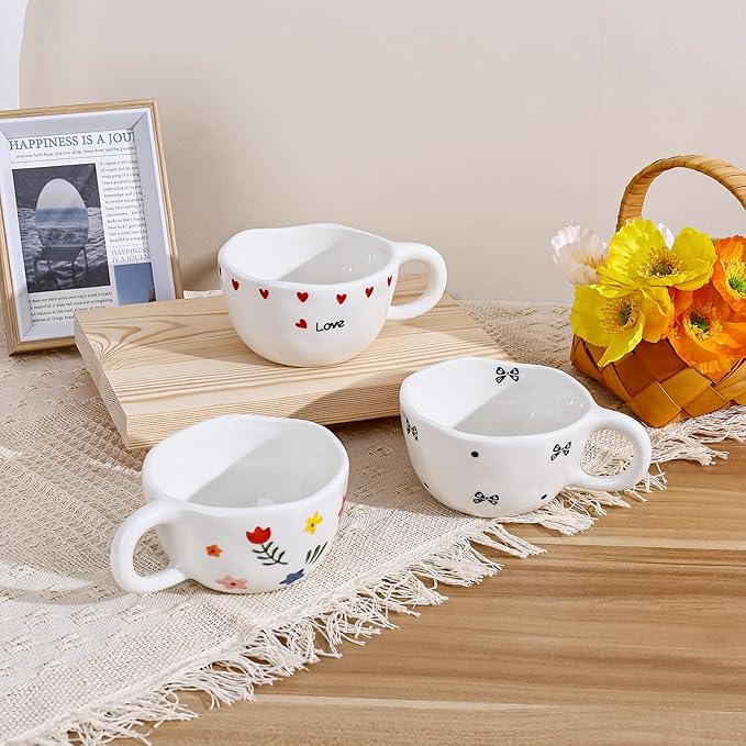 Koythin Ceramic Coffee Mug, Handmade Hot Chocolate Mugs, Cute Cup for Girl Women, Aesthetic Tea Milk Cup with Handle, 8.5 oz/250 ml for Latte, Cocoa, Office, Home (White Floral)