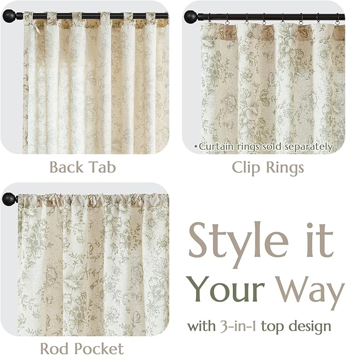 jinchan Linen Blend Curtain Floral Curtains for Living Room 90 Inch Length Sage Green Printed Curtain Rod Pocket Back Tab Farmhouse Peony Flower Patterned Drapes Bedroom Window Curtains Set 2 Panels