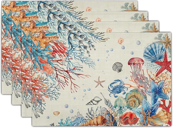 Giwawa 4PCs Summer Beach Placemats 12x18 Inch Ocean Coral Starfish Seashell Decorative Place Mat Vintage Nautical Collection Heat Resistant Table Mats for Kitchen Dining Party Seasonal