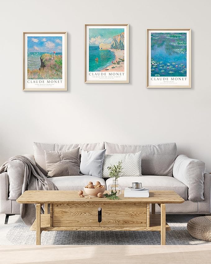 HesenDot Claude Monet Framed Wall Art,12x16in High Framed Canvas Prints, Impressionism Landscape Painting Poster Wall Decor,Vintage Home Decoration for Living Room Bedroom Gallery Office,Set of 3