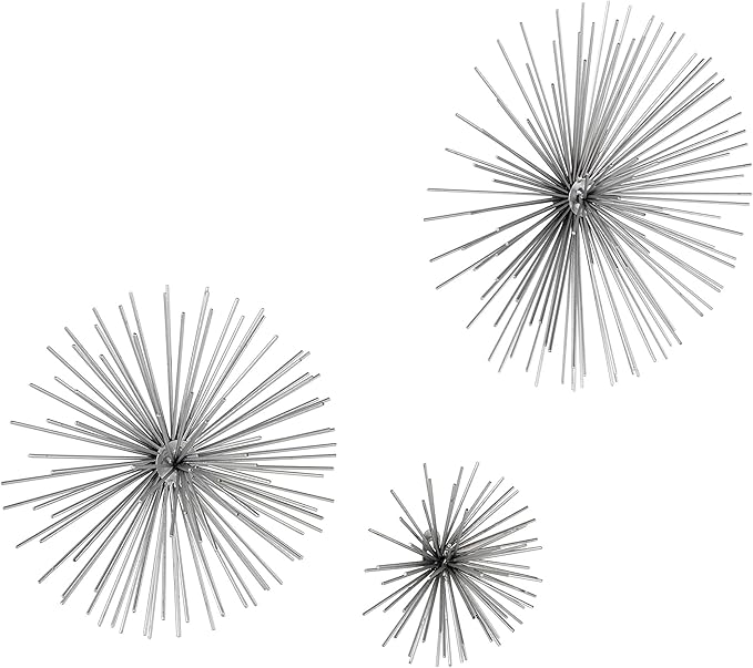CosmoLiving by Cosmopolitan Metal Starburst Home Wall Decor 3D Wall Sculpture, Set of 3 Wall Art 6", 9", 11"W, Silver