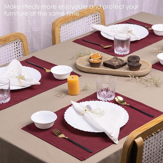 RAJRANG Tibetan Red Placemats Set of 6, Cotton Ribbed Tabletop, Non-Slip Wrinkle Free Kitchen Table Mats for Dining Table, 13x19 Inch