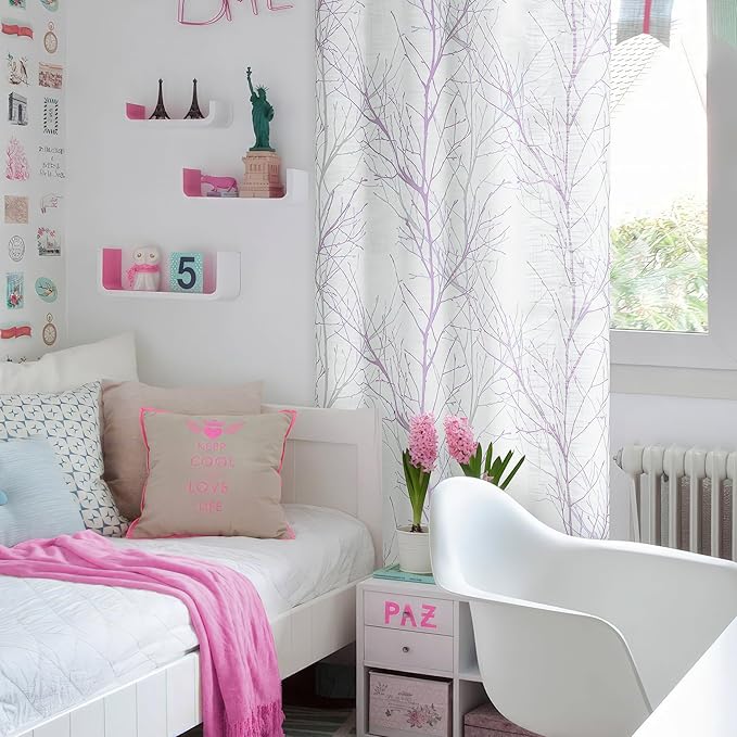 FMFUNCTEX Linen Semi Sheer Curtains for Bedroom, Lilac White Curtains 63 Inches Long for Living Room, Grey Tree Branch Patterned Curtain Light Filtering Farmhouse Window Drapes, Grommet Top 2 Panels