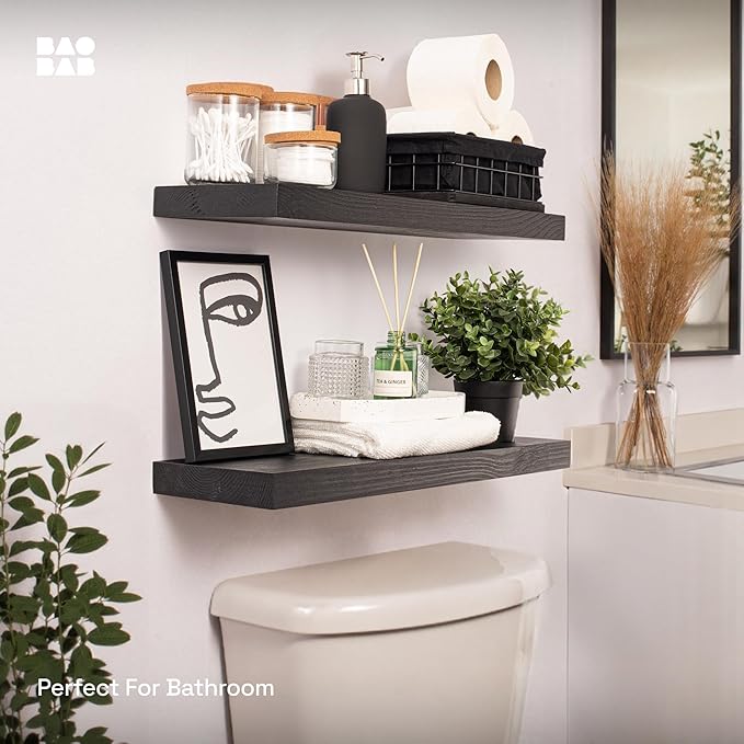 BAOBAB WORKSHOP Wood Floating Shelves for Bathroom Wall - Black Shelf 24 inch - Solid Wood Shelves for Wall for Bedroom Kitchen Living Room - Black Floating Shelves - 24 x 6.7 Inch, Set of 2