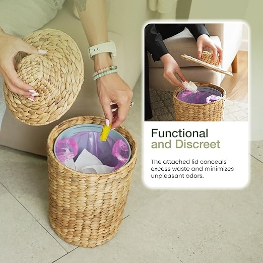 1.3 Gallons Wicker Waste Basket - Water Hyacinth Bathroom Garbage Can - Trash Can with Lid Boho Style - Wicker Trash Can with Lid for Household, Kitchen, Bedroom - Removable Liner, Iron Frame