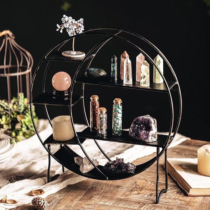 Moon Shelf for Crystals - Circle Shelf Wall Decor for Wall and Countertop - Crystal Shelf Display for Stones, Essential Oil, Pendulum - Boho Hanging Moon Shelves (Retro Black)