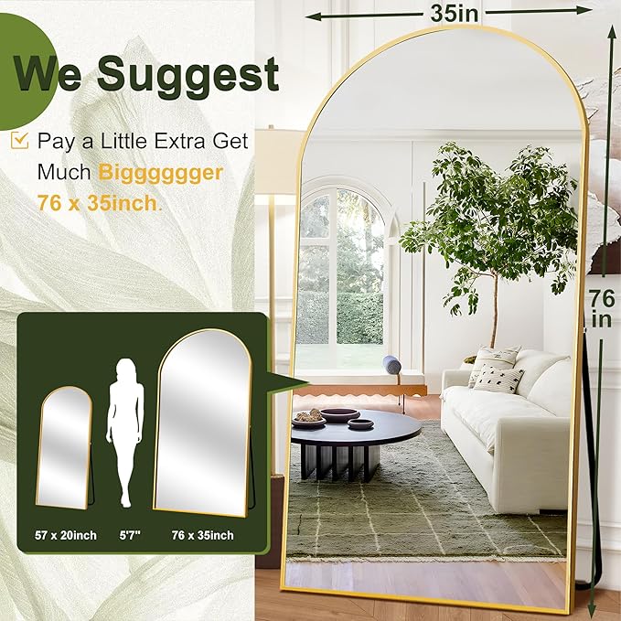 NicBex Oversized Full Length Mirror with Stand, 76"x35" Aluminum Alloy Frame Large Floor Mirror, Large Arched Mirror Full Length, Gold - Free Standing, Leaning Against Wall or Wall-Mounted