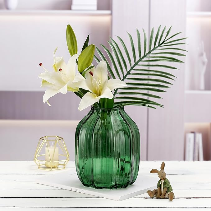 Green Glass Vase for Flowers Bud Tall Glass Vases,H-8.0" Simple Striped Design for Home Floor Decor,Farmhouse Decor, Centerpiece Coffee Table Decorations (Green 8.0IN)