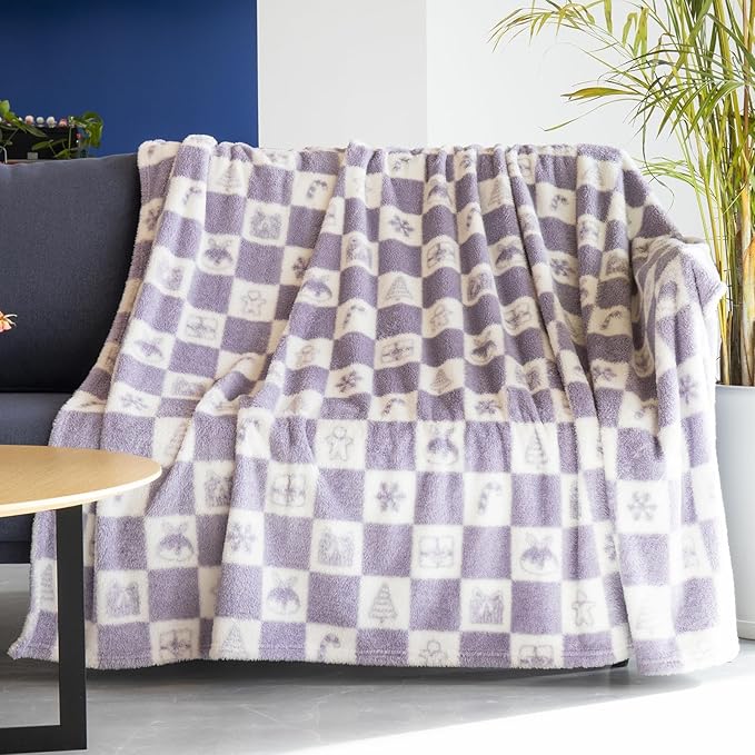EMME Checkered Blanket Twin Size - 60"x80" Lavender Knit Blanket Soft Fluffy Patterned Blankets for Couch, Sofa, Chair, Bed, Camping, Picnic, Travel