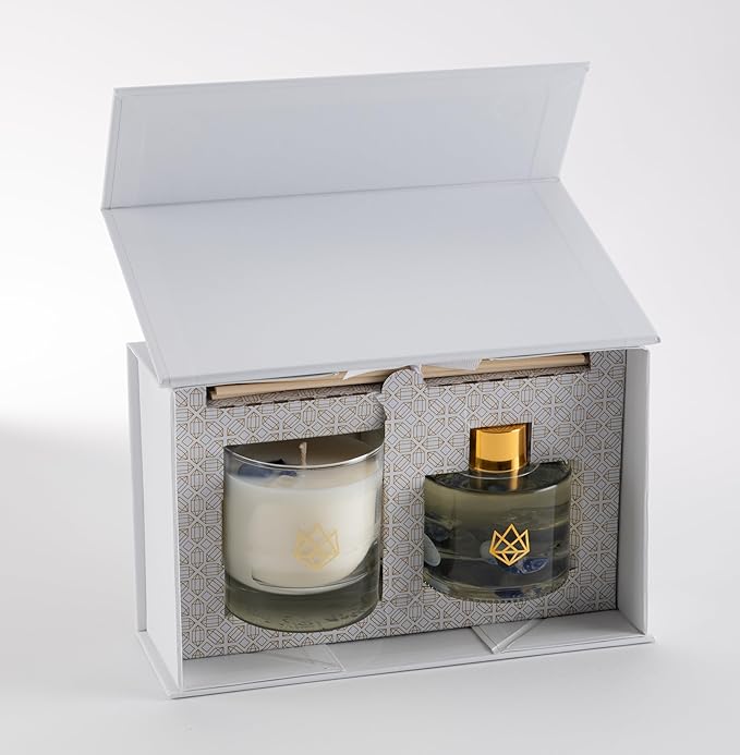 Luxury Candle & Diffuser Set, Affirmation - Blue Quartz, Sodalite, Clear Quartz Crystal Infused - Scents of Eucalyptus, Tobacco, Sequoia, & Musk - Empowerment, Confidence, Optimism