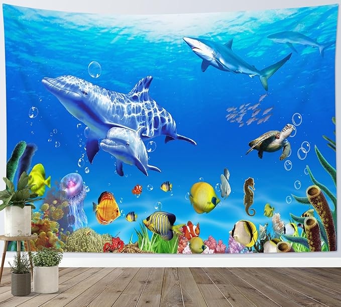 HVEST Blue Ocean Dolphin Tapestry Shark Sea Turtle and Tropical Fish Coral Wall Art Summer Nature Landscape Tapestry Wall Hanging for Kids Bedroom Living Room Dorm Party Wall Decor,92.5W X 70.9H inch