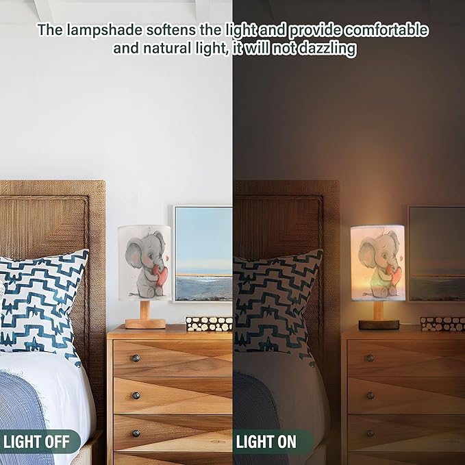 Table Lamp Elephant Love Heart Nightstand Lamp with Wood Base Fabric Lamp Shade Bedside Desk Lamp for Living Room Bedroom Kids Room Office