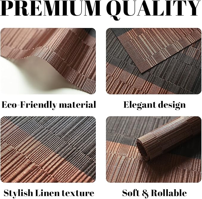 Placemats Set of 12 Vinyl/Plastic Woven Place Mats for Kitchen Table Indoor/Outdoor Washable Placemat Wipeable Dining Table Mats (Ombre Brown Black,12)