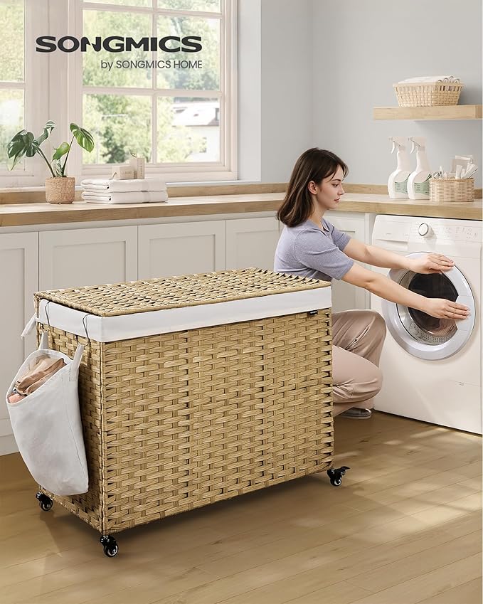 SONGMICS Laundry Hamper with Lid, 55.4 Gallons (210 L), Rolling Laundry Basket with Wheels, 4-Section Synthetic Rattan, Removable Liner, Bedroom, 33.9 x 15.7 x 26 Inches, Natural Color ULCB460Y01
