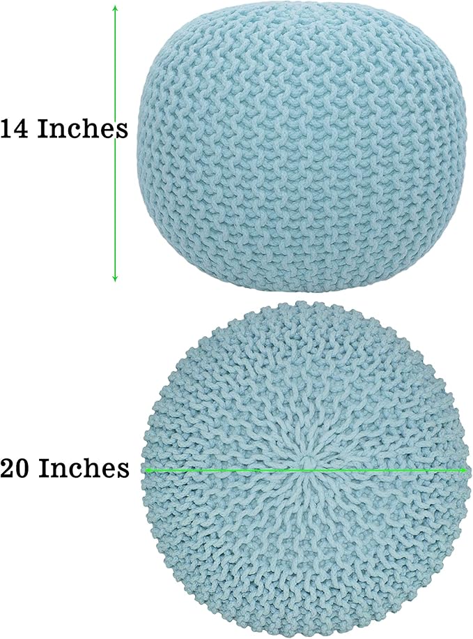 COTTON CRAFT Round Pouf - Hand Knitted Cotton Braid Cord Cable Dori Ottoman - Foot Stool - Floor Pouf Footrest Accent Seat Furniture Bean Bag - Living Room Kids Nursery Dorm Décor - 20x14 - Light Blue