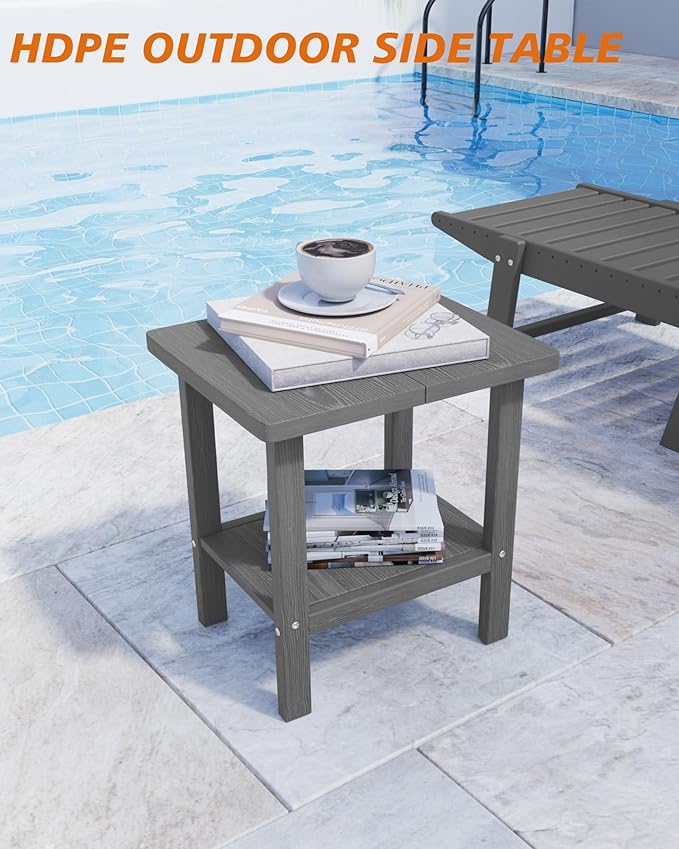 2-Tier Adirondack Square Outdoor Side Table, Pool Composite Patio Table, Weather Resistant End Table for Patio, Backyard, Pool, Easy Maintenance - Gray