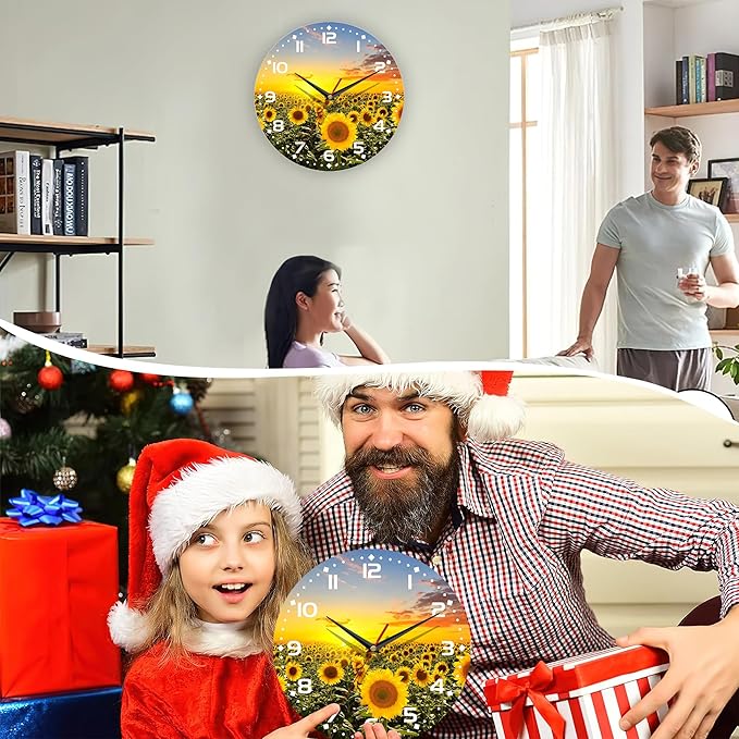 Clock for Living Room, Sunflowers Fields Under The Sunshine Wall Clock, Contemporary Home Decor Easy to Read Wall Clock for Living Room, Bedroom, Bathroom and Kitchen, 10 Inch