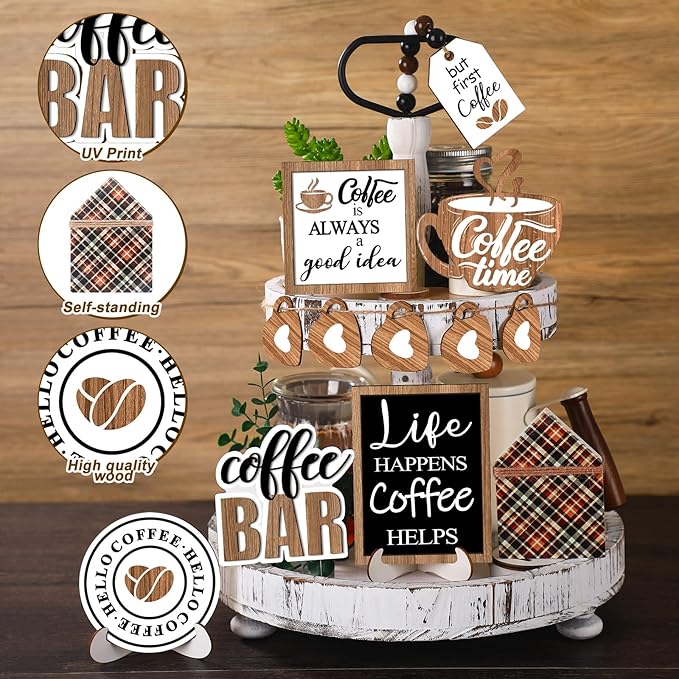 Set of 11 Farmhouse Tiered Tray Decor Rustic Home Tiered Tray Decorations Set Coffee Time Home Wooden Signs Coffee Bar Farmhouse Tabletop Wood Signs for Kitchen Table Shelf Decor