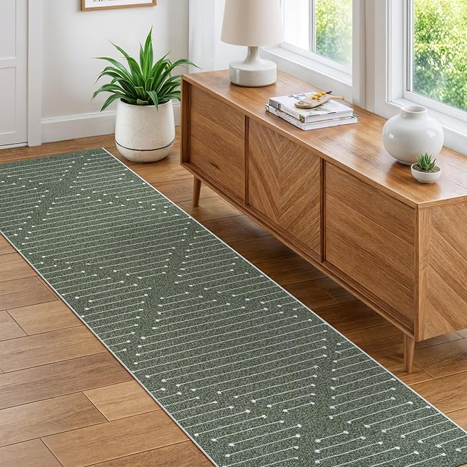 LIVEBOX Green Runner Rug for Kitchen 2x8, Boho Washable Runner for Hallway, Moroccan Cotton Long Entryway Area Rug Indoor Carpet for Bedroom Laundry Doorway Entry(Green & White)