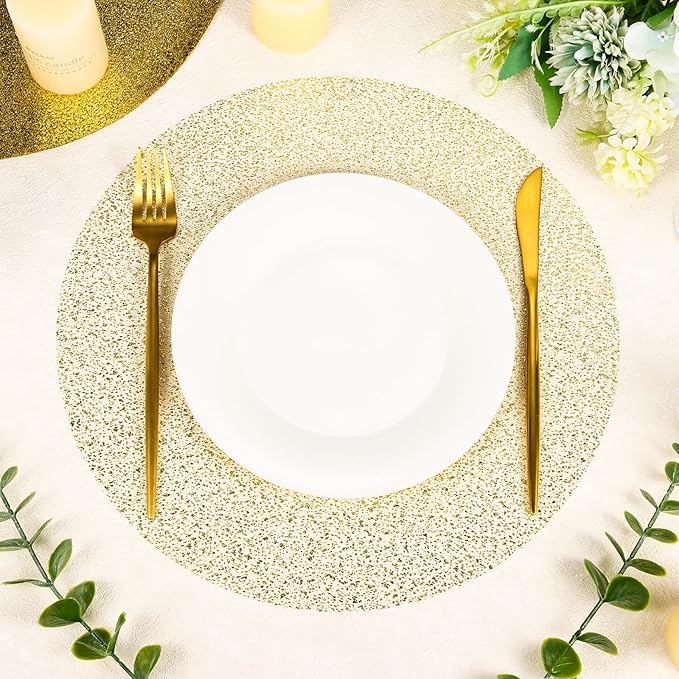 100 Piece Gold Placemats 13 Inch Disposable Gold Foil Place Mats Round Mesh Pressed Paper Placemat Elegant Wedding Table Mats for Birthday Party, Church Banquet, Dinners, Dining Room, Table Decor