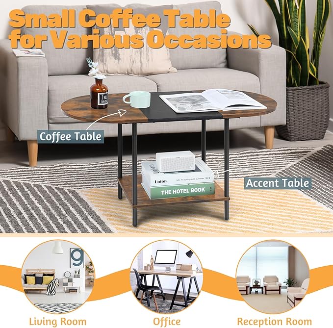 Coffee Tables for Living Room,2-Tier Small Coffee Table Farmhouse Oval Center Table with Storage Shelf and Wood Tabletop,for Small Space,Home Office,Black & Brown