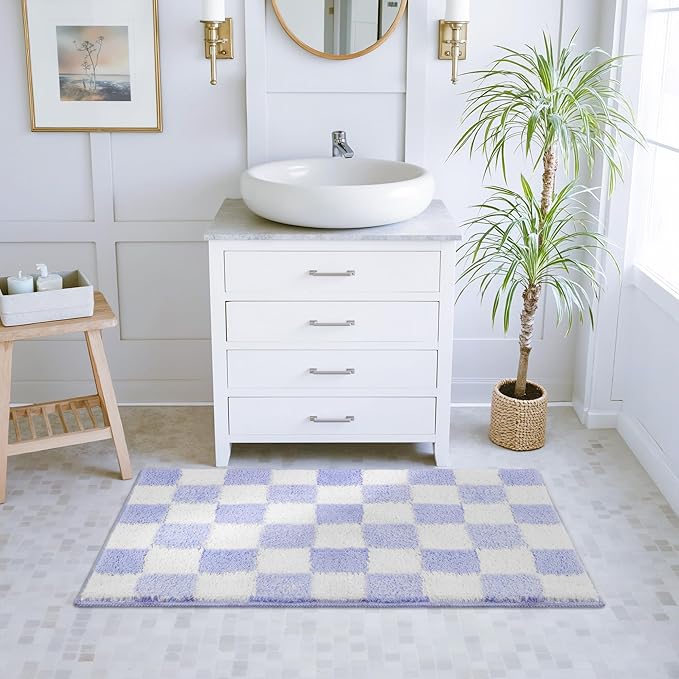 GRANNY SAYS Checkered Purple Bathroom Rugs, 36" x 24", Non-Slip Bath Mats for Bathroom, Plush Shag Absorbent Microfiber Ultra Soft Bath Mat, Cute Washable Rug for Tub, Shower, Bedroom