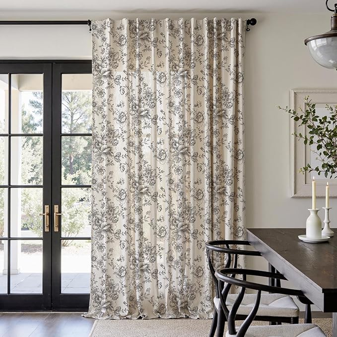 jinchan Linen Floral Curtains Extra Wide for Patio Sliding Glass Door Room Divider Curtain for Living Room 108 Inch Length Farmhouse Peony Black Printed Curtain Set 1 Panel