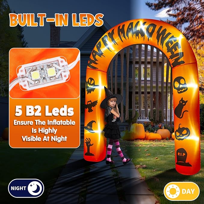 Halloween Arch Inflatables, 8.5ft Pumpkin Archway Outdoor, Blow Up Archway Decoration with Built-in LEDs, Printing with Happy Halloween & Witch Hat Pumpkin&Skull&Cat&Hand, Bats for Yard