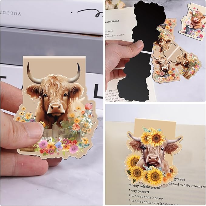 Highland Cow Magnetic Bookmarks: 12 Pcs Cute Cow Magnet Book Page Markers, Flower Animal Book Mark Clips for Reading, Gifts for Kids Women Students Book Lovers Office School Supplies