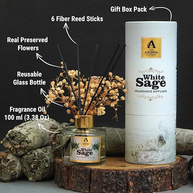 The Aroma Factory Fragrance Reed Diffuser Set with Natural Essential Oil, Aroma Sticks & Real Preserved Flowers | Luxury Home Decor Scent (White Sage, 1 Pack)